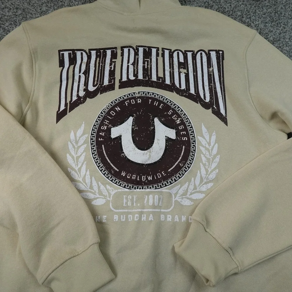 NEW True Religion Hoodie Mens XL Beige Full Zip Fleece Sweatshirt Jacket Graphic